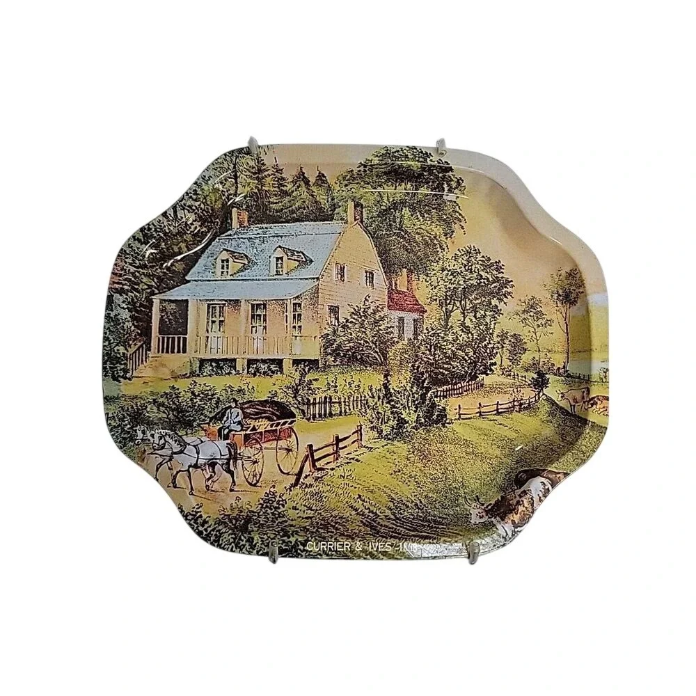 Vtg. Currier & Ives‎ American Homestead 3 Seasons 1868 Metal Serving trays 7.5x6